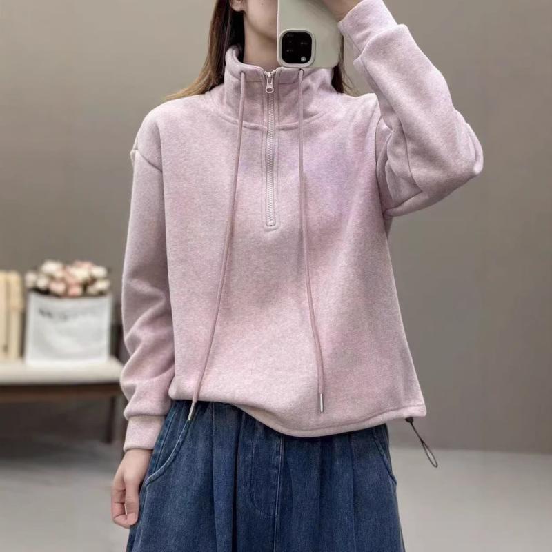 レディース 秋冬 厚手 ハーフジップ フリース スウェット トップス 韓国 フィット カジュアル 無地 普段使い 暖か素材 伸縮性x2