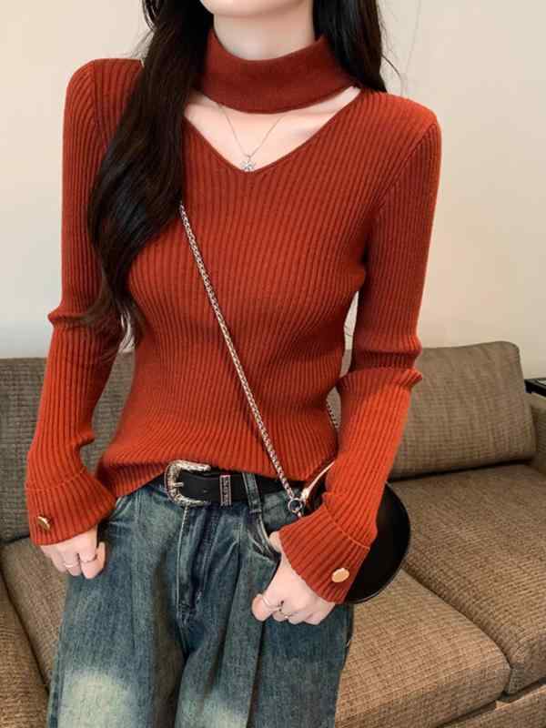 Coat - レディース 秋冬 ニットトップス セーター スリムフィット ボディコンシャス Vネック ハルターネック 長袖 インナー ベースレイヤー 高級感 かわいい スタイル 接触冷感 伸縮性 吸湿速乾 再生繊維 ブラック ピンク系 アイボリー 通勤用 普段使い