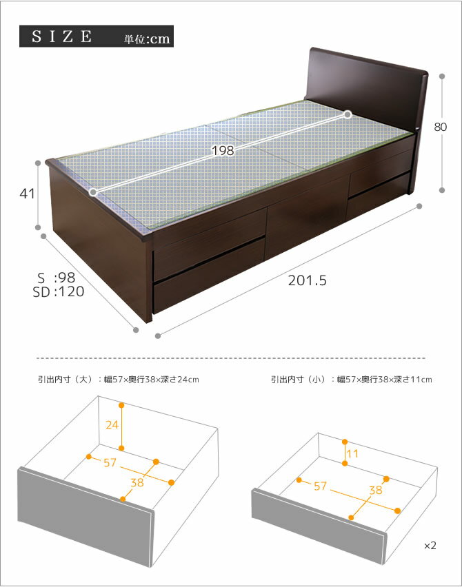 畳ベッド チェストベッド セミダブル 国産 低ホル 大収納 引出し5杯付 機能性畳表 SEKISUI[美草(ミグサ)]耐久性 カビにくく、いつも清潔 収納ベッドフラットヘッドボード ベッド下収納 木製 日本製 スライドレール たたみ 収納付ベッド [3]