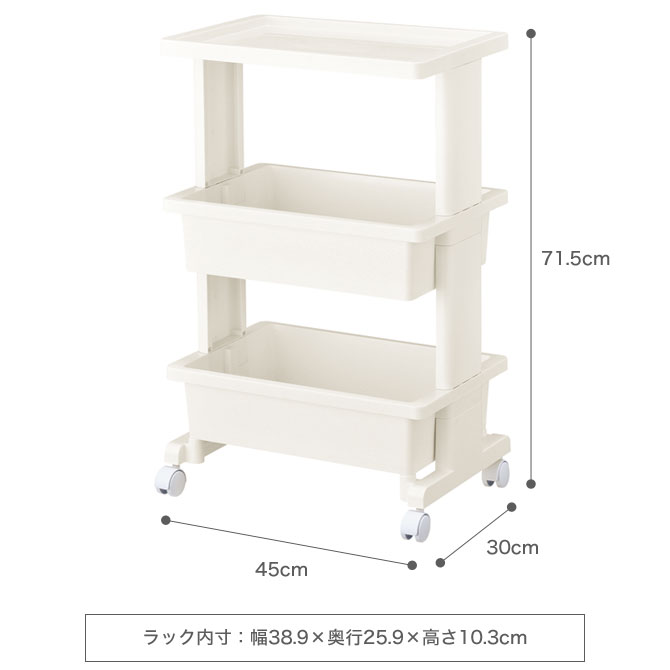 リセ テーブルワゴン 3段 キャスター付 ホワイト 国産 天板 カゴ キッチンワゴン 軽量 キッチン収納 [2]