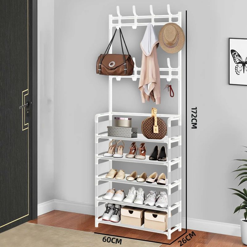 オープンラック ハンガーラック シューズラック 金属製収納ラック スリム 省スペース 頑丈 おしゃれ 収納 便利 収納ラック 玄関収納 洋服掛け 帽子かけ 棚付...