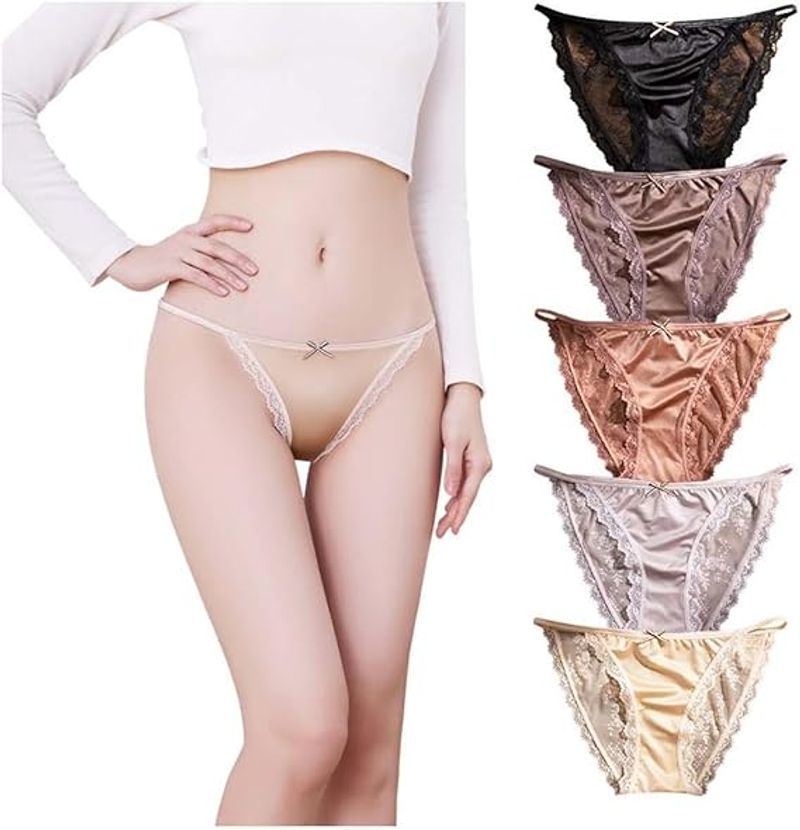 6枚入り ショーツ レディース サテン ハーフバック ヒップハング ゴム紐パン レース ヒップ透けレギュ..