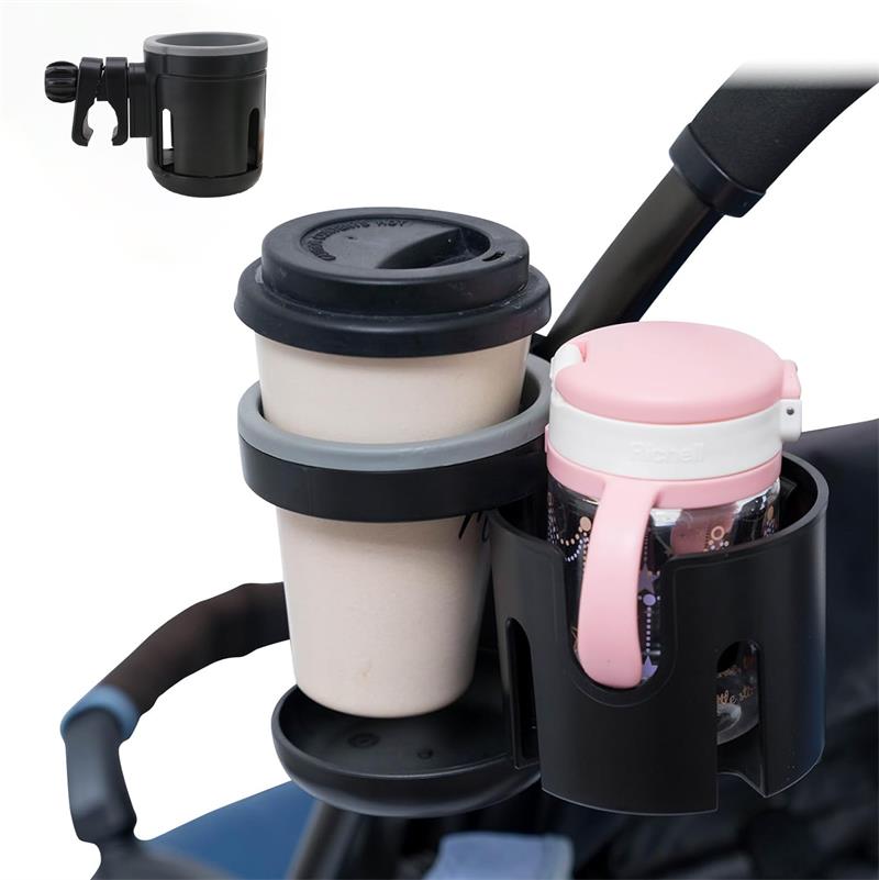 ベビーカー ドリンクホルダー　2in1 　哺乳瓶ホルダー　ツイン仕様　取手付きボトル 水筒 ボトルホルダー 360度回転 角度調整可能 取付簡単 収納 おでかけ 快適 お散歩 便利