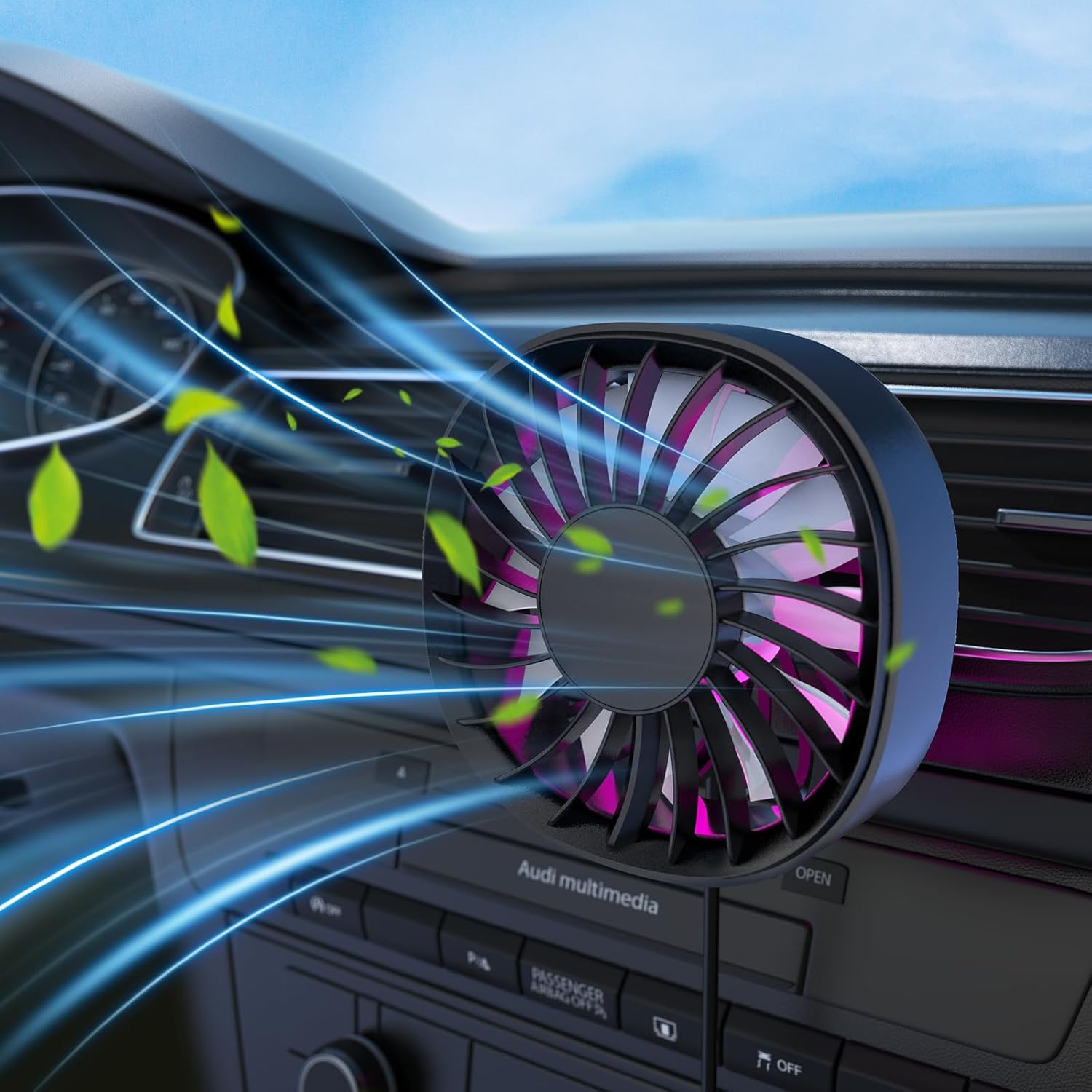 車用扇風機 強風 静音 3 モード切替 車用ファン 60° 角度調節 7 色 LED 照明 USB 給電 12 枚ブレード 車載 運転席 後部座席対応 小型軽量 夏用 暑さ対策 冷房補助 省スペース