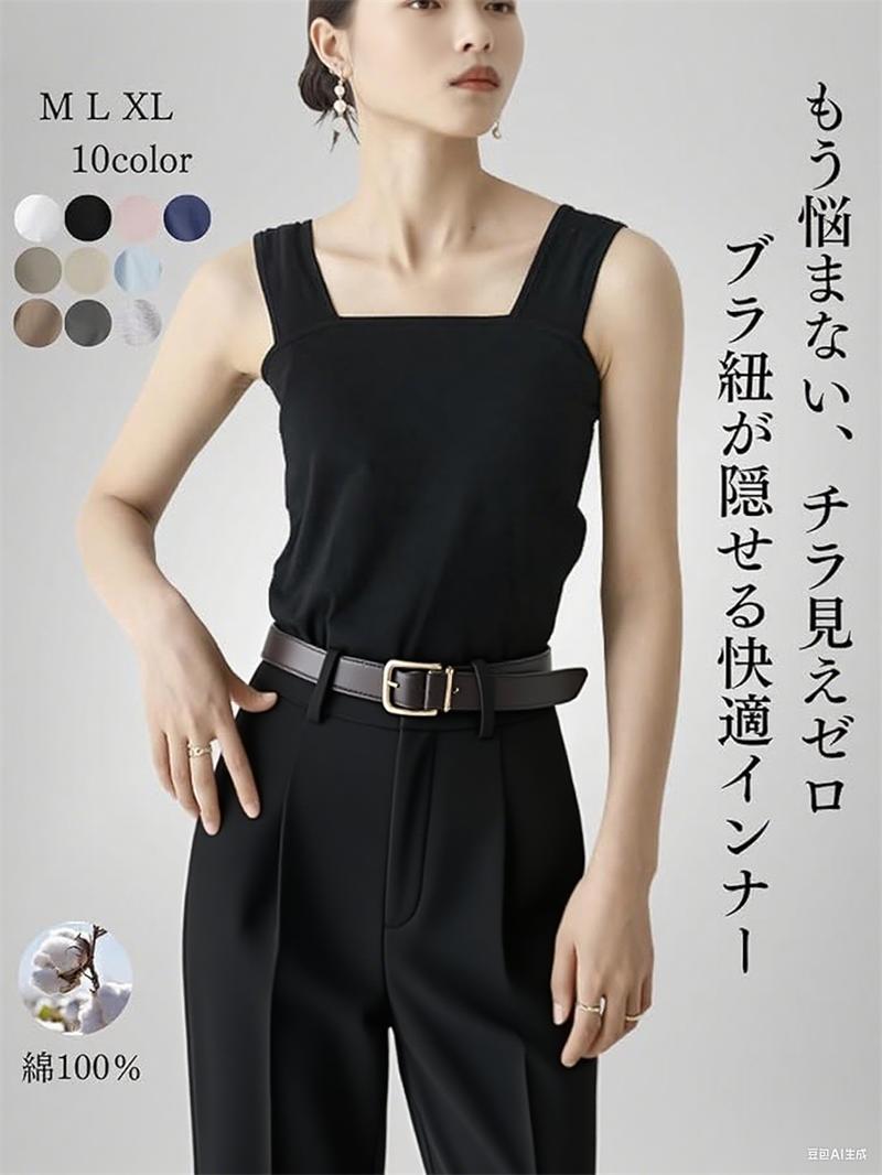 綿100 インナー レディース タンクトップ ブラ紐隠し チラ見え防止 胸元隠し 脇高設計 キャミソール 太め肩紐 スクエアネック 伸縮性 通気性 汗取り 肌着 夏