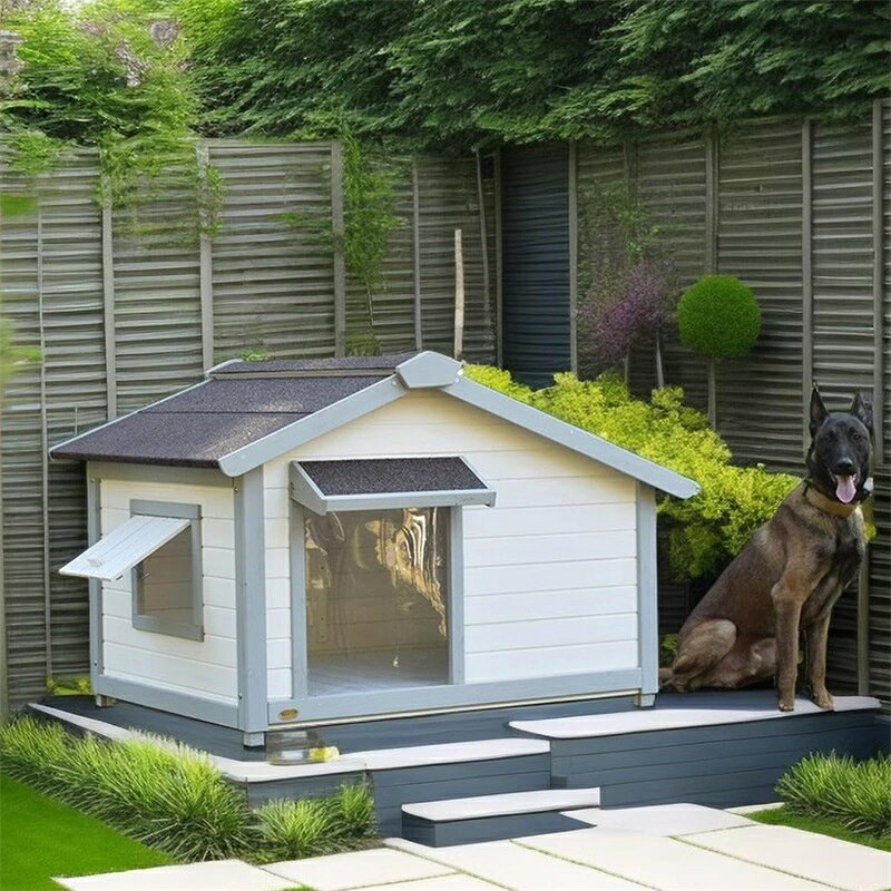 犬小屋 屋外用 木製キャビンスタイル 犬小屋シェルター 開閉可能な屋根 取り外し可...