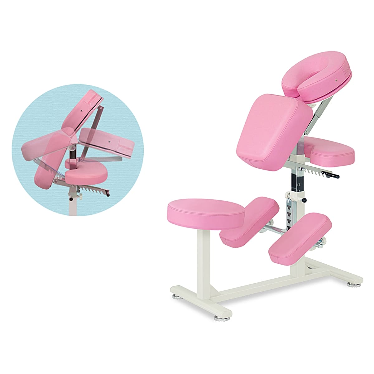 商品詳細（サイズ）■ヘッド：フェイス型ヘッド・ラチェット式15段階角度調節機能■バスト：フック式9段階角度調節機能■手置き：ラウンド型アームレスト■膝置き：7段階高さ調節　5段階角度調節機能　脱着可能■前ポール：ストッパー式6段階高さ調節機...