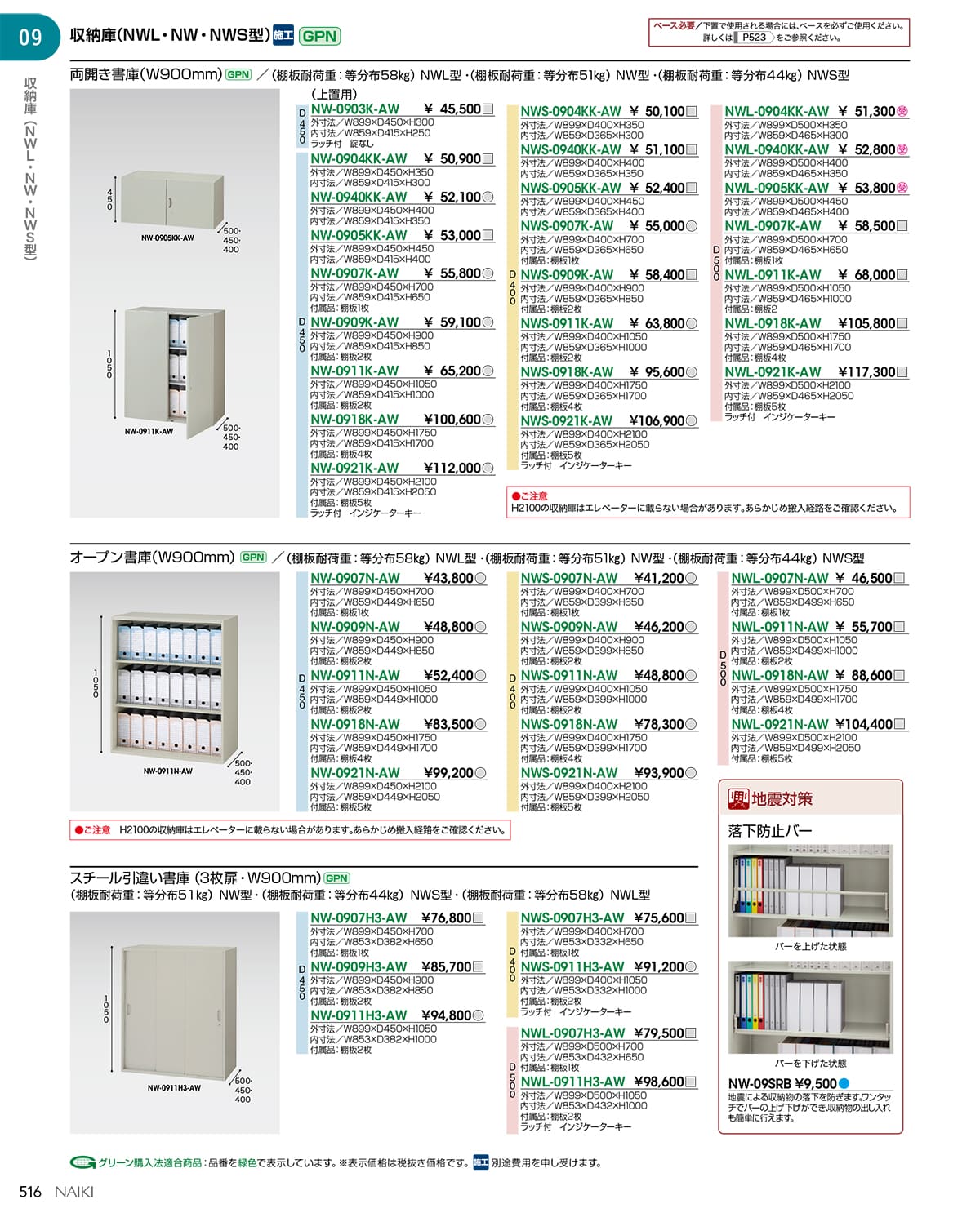 法人様限定 ナイキ(NAIKI) キャビネット オフィス家具 書庫 NW-0907H3-AW 引違い3枚戸 [2]
