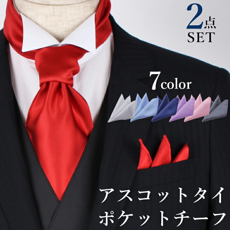 自由に選べる! アスコットタイ・ポケットチーフ 2点 セット マイクロポリ素材 結婚式 新郎 お色直し タイ チーフ メンズ アスコットネクタイ [ネクタイ 無...