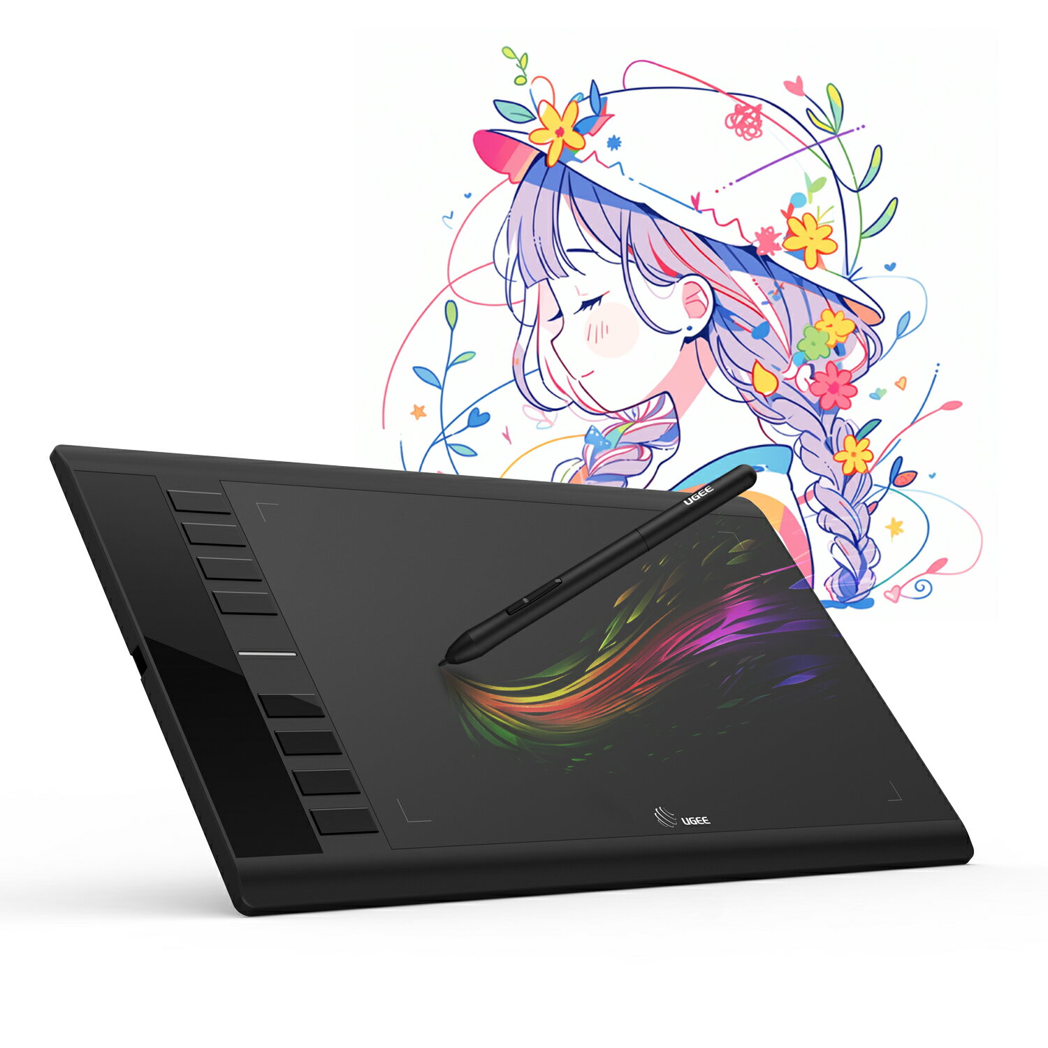 UGEE ペンタブ 10×6インチ M708 ペンタブレット 板タブ ショートカットキー8個 充電不要ペン付き 8192レベル筆圧 ±60°傾き検知 イラスト OSUゲーム お絵描き ペンホルダー付き Window/Mac/Chrome OS 88/Android 6.0/Linux対応 初心者/学生向け