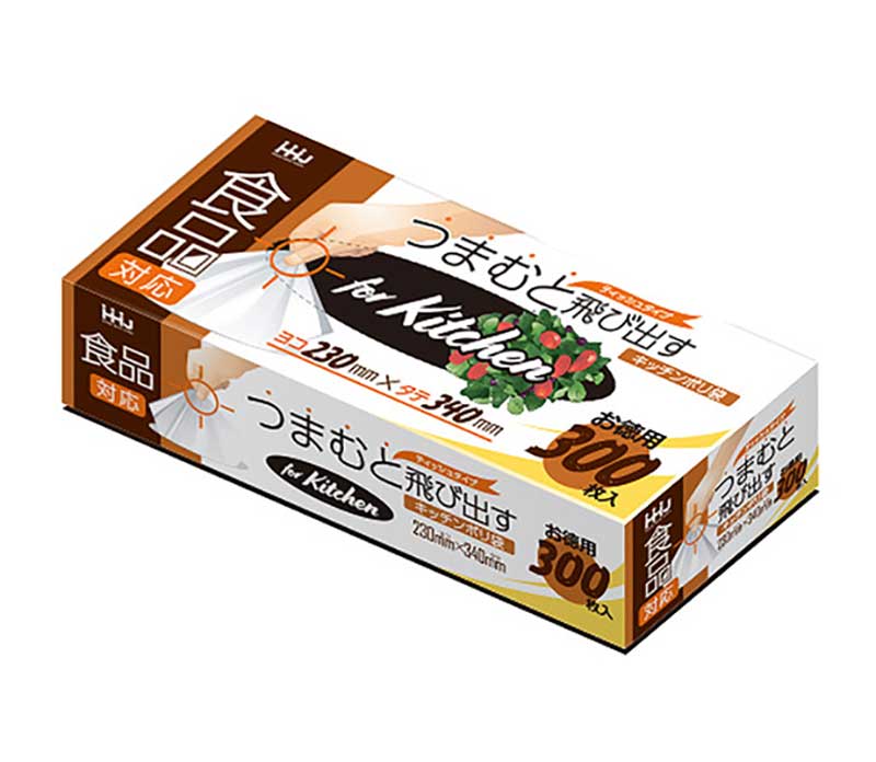 食品対応 ティッシュのように次の一枚が飛び出します。 軽い薄い、たっぷり使える300枚入り 商品サイズ(外形外寸)：約W230mm×H340mm 厚さ：約0.008mm 原料樹脂：ポリエチレン 耐冷温度：約-30℃/耐熱温度：約80℃ 高密度ポリエチレン/食品用 規格袋12号と同じサイズ ベトナム製　