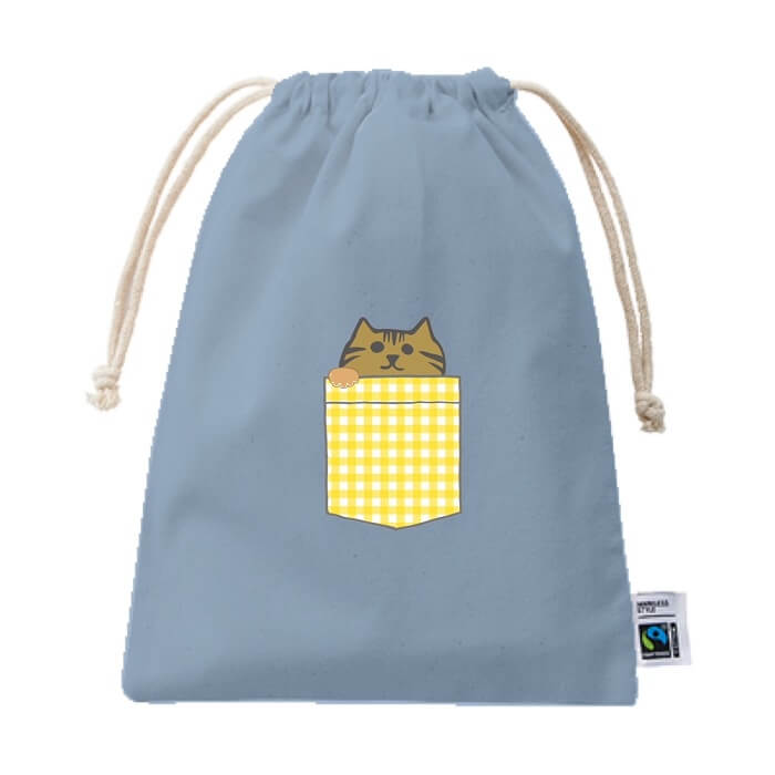 ネコ 巾着 フェアトレード コットン Mサイズ ポケット風 ひょっこり猫 キジトラ 袋 バッグ 小物入れ 巾着バッグ 通勤 通学 旅行 バッグ ポーチ かわいい グッズ プレゼント シロ クロ ミケ 白黒 茶虎 サビ サバ キジ 雑貨 お弁当袋 入園入学準備 お道具入れ 男の子 女の子