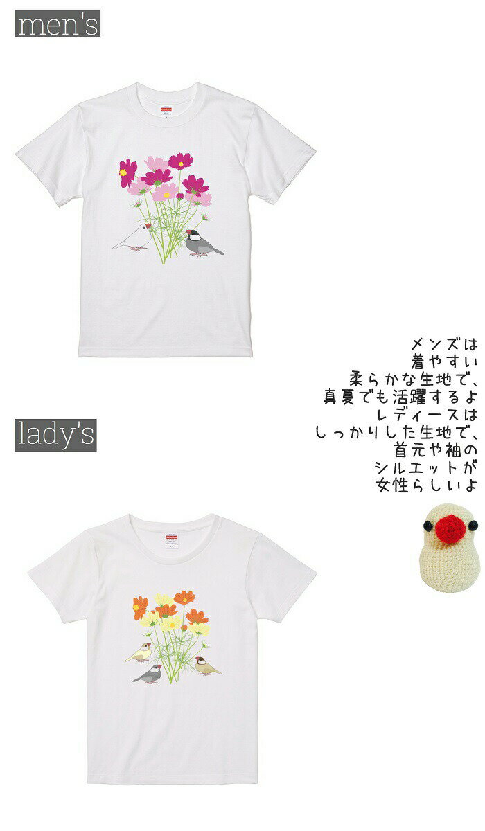 文鳥 Tシャツ コスモスと文鳥 243 オシャレ 小鳥 鳥 鳥好き 雑貨 イラスト アニマル かわいい グッズ ぶんちょう buncho プレゼント ギフト 白 桜 シルバー シナモン クリーム おもしろい 面白い 大きいサイズ ビッグT アメコミ メール便 癒やし