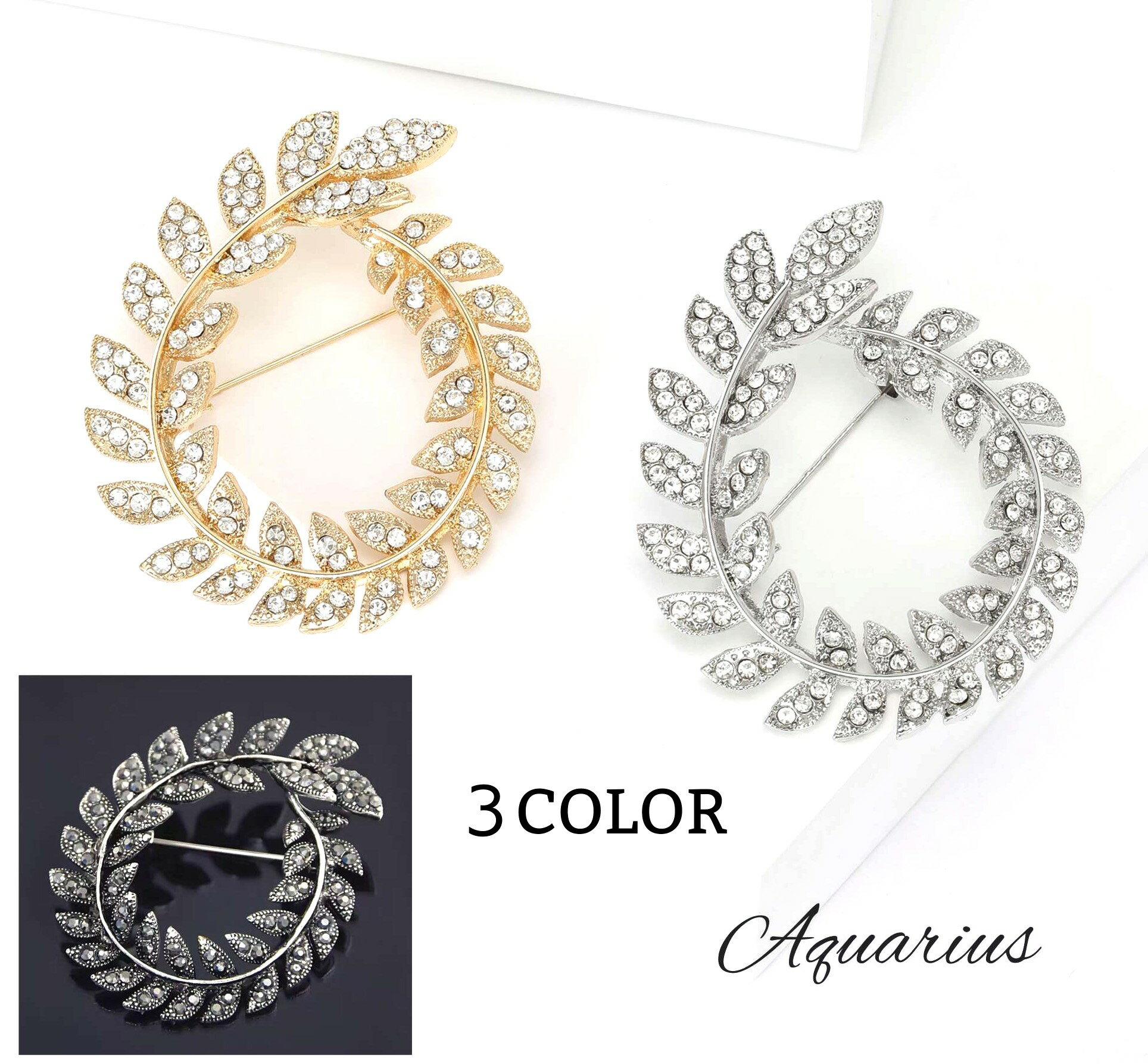 スワロフスキー 人気 の リーフ ( 葉 ) モチーフ ブローチ 3カラー シルバー ゴールド ブラック