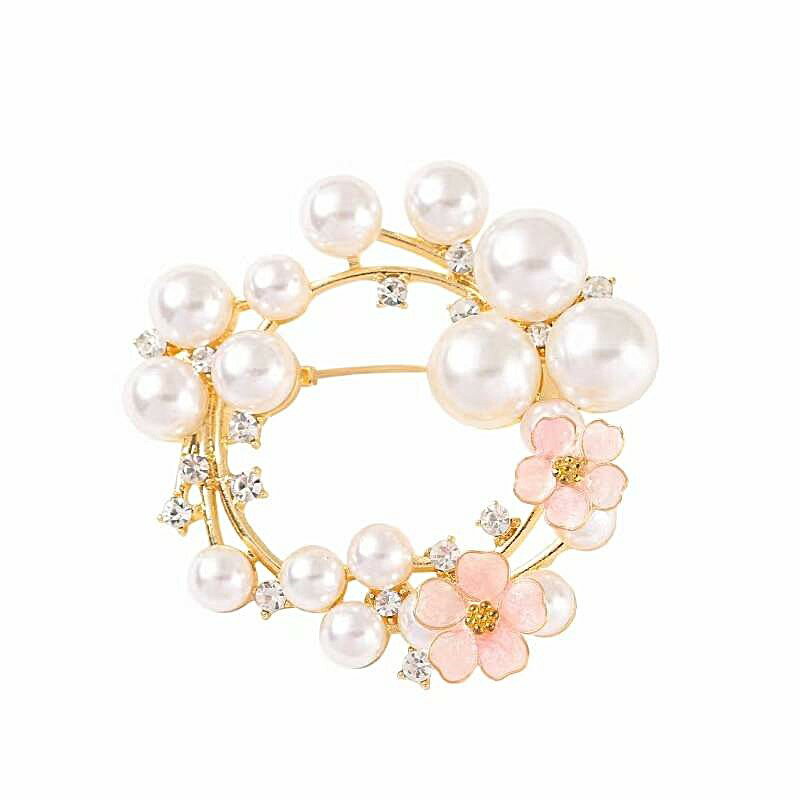 桜 ( さくら サクラ ) 咲く CZダイアモンド と パール の ラウンド リング ブローチ