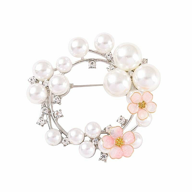 桜 ( さくら サクラ ) 咲く CZダイアモンド と パール の ラウンド リング ブローチ