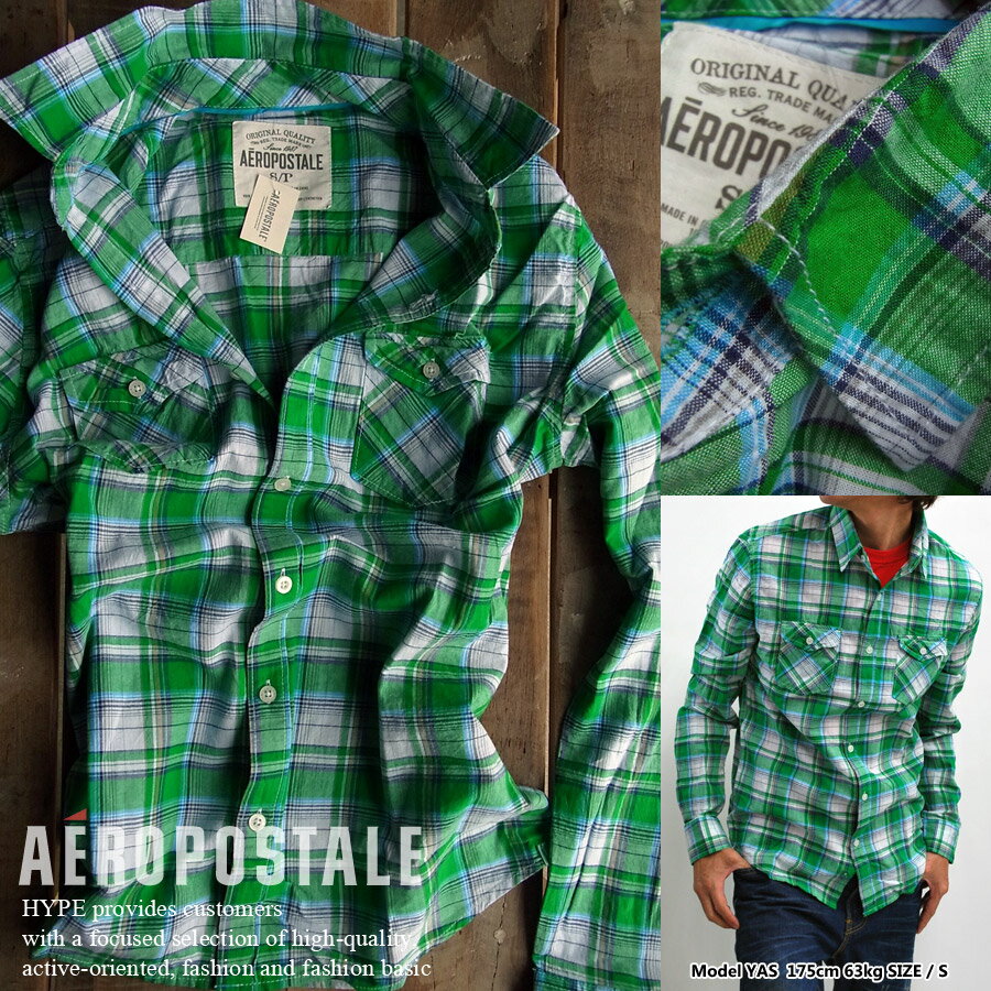 エアロポステール カジュアルシャツ 正規品 メンズ チェック柄 長袖6234-9624-791グリー ...