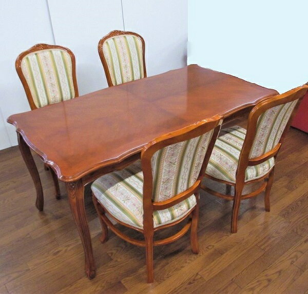 ダイニングテーブルセット 4人掛け 無垢 5点 フィオーレ ダイニングセット 4人 155cm おしゃれ テーブル チェア 4脚セット グリーンストライプ 木製 ヨーロピアン 北欧 アンティーク クラシック ロココ調 モダン 送料無料 開梱設置付 代引不可 [2]