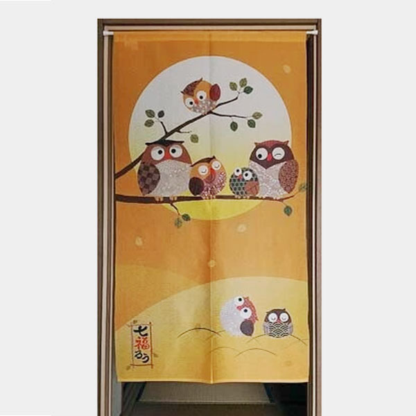 のれん 防炎加工 防炎のれん 七福ろう ゴールド 82×150cm 洗面所暖簾 防炎 防炎加工 ふくろう 梟 フクロウ 縁起物 業務用 店舗用 飲食店 燃えにく...