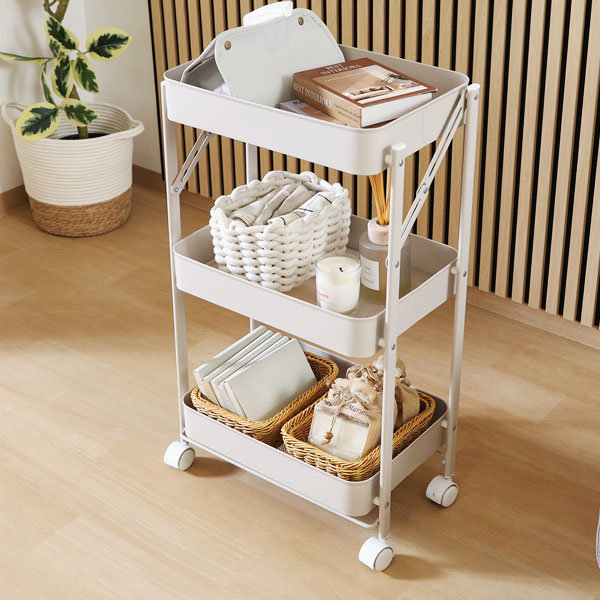 キッチンワゴン バスケット 3段 トローリーラック おりたたみ 収納ワゴン キッチンラック 折りたたみ ..