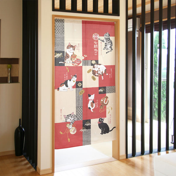 乐天商城 - のれん 貼り絵七福ねこ ロングサイズ 目隠し 壁飾り 可愛い ネコ 猫 和風 送料無料 暖簾 neko タペストリー