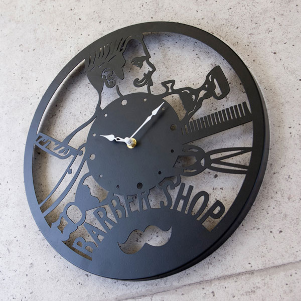 床屋さんのための時計 時計 おしゃれ デザインウォールクロック 理容室 アンティーク デザイナーズクロック 壁掛時計 デザインウォールクロック レーザーカット メタルサイン ウォールクロック Laser Cut Metal Wall Clock BARBER SHOP 壁掛け 掛け時計