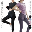 ヨガ ウェア レディース 半袖 トップス Tシャツ パンツ 2点セット ショートパンツ一体型 レギンス 上下 セットアップ スポーツウェア フィットネスウェア トレーニングウェア ピラティス 吸汗 速乾 バック メッシュ ラウンドヘム ハイウエスト 体型隠し 伸縮性 薄手 無地 黒
