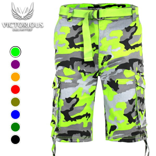 VICTORIOUS CAMO BELTED CARGO SHORTS[ヴィクトリアス] 2本で送料無料！[全5色]　迷彩カーゴショーツパンツ 迷彩　パンツ　ベルト付き Sizes【30〜38】 メンズハーフパンツ　大きいサイズメンズ　ショートパンツ 1