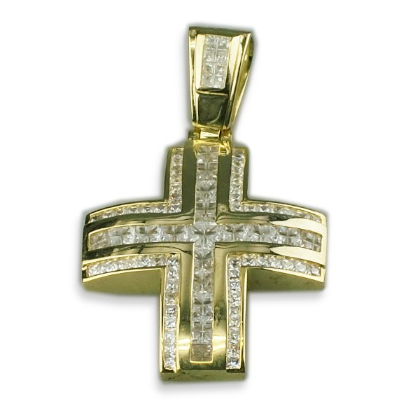 【HIP-HOP JEWELRY】 14k イエローゴールドプレーテッド スクエアカットBLING BLING入りクロスペンダント