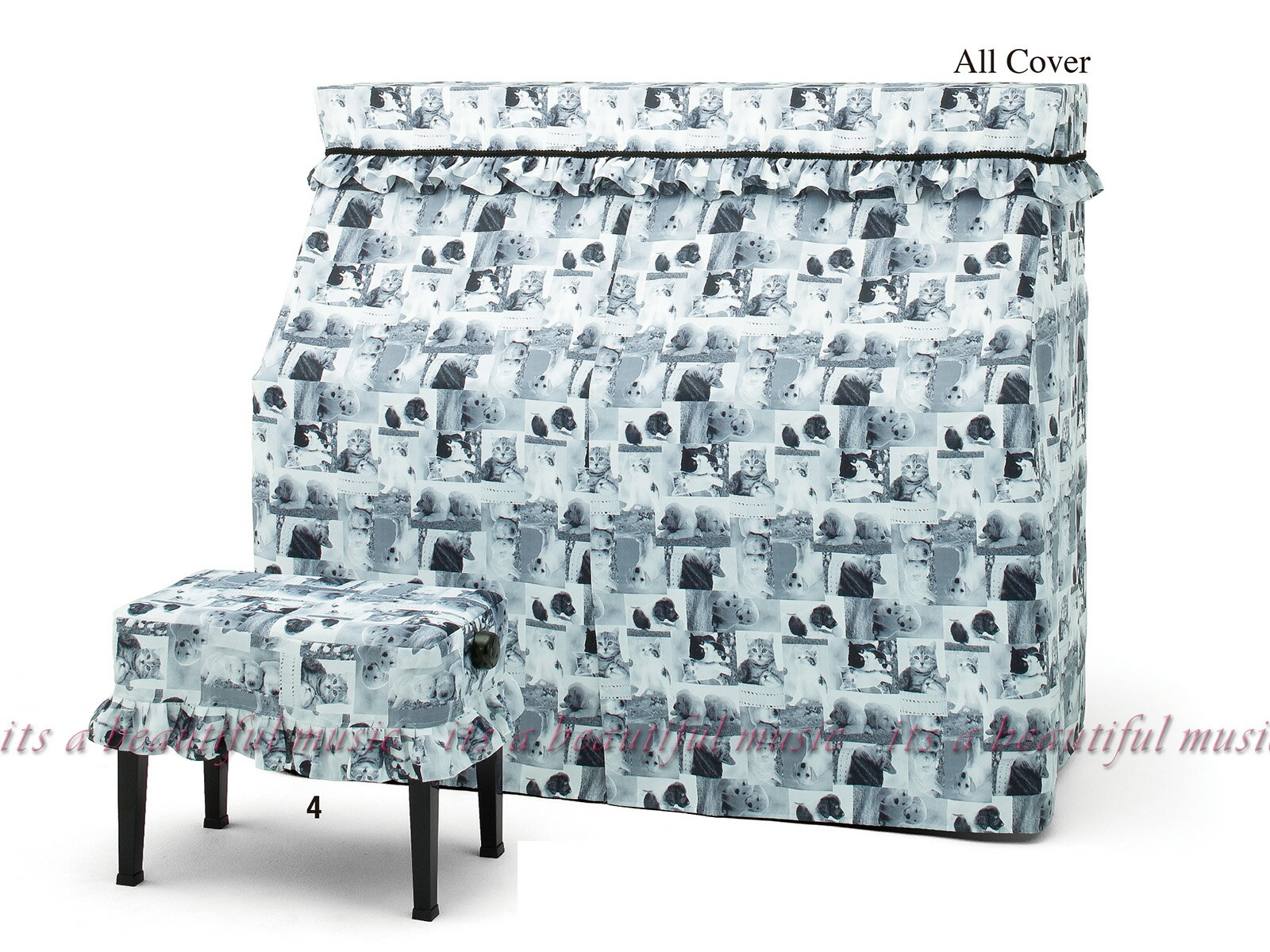 アップライトピアノ用オールカバー　アルプス A-GP 全国の有名楽器店で注文販売されているピアノカバートップブランド「アルプス/Alps」の高品質レギュラーライン商品です。 カラー：モノクロ・小犬&amp;子猫柄 素材：遮光ジャガード織　ポリエステル100% &nbsp; 【 Mサイズ 】&nbsp; 「Mサイズ」は既製ワンサイズ品となります。 高さ120〜123cm/奥行60cm前後の1型ピアノ向けです。 【仕上り寸法】間口153cm/天板奥行き35cm/奥行62cm/高さ118cm/傾斜50cm &nbsp;【 Lサイズ 】&nbsp; &nbsp;「Lサイズ」は既製ワンサイズ品となります。 高さ130〜132cm/奥行65cm前後の3型ピアノ向けです。 【仕上り寸法】間口154cm/天板奥行き37cm/奥行66cm/高さ128cm/傾斜60cm &nbsp;【 ぴったりサイズ 】&nbsp;&nbsp; 「ぴったりサイズ」はピアノ品番などをお知らせ頂くことでカバーメーカーさんに保存されたピアノ寸法データにより縫製され、お持ちのピアノぴったりに仕上がってきますので見栄えが良く満足度の高いお薦めカバーです。 ※ヤマハ・カワイのピアノは品番情報のみで縫製可能、それ以外のピアノメーカーの場合は品番情報と実測サイズをご入力いただくことで縫製可能です。 ピアノ天板を開けますとピアノ品番等がわかります。 &nbsp; ヤマハ・カワイ以外のピアノはA〜Eを実測頂きご入力下さい。 テキストボックス(A)〜(E)に数値をご記入下さい。 ※ぴったりサイズカバーは受注生産品のため、縫製取り掛かり後のキャンセル・返品・交換は一切できません。 ※縫製に5〜18日ほどかかります（カバーメーカー込み具合により変動） ※アップライトピアノ型の電子ピアノも「ぴったりサイズ」で対応可能です。（サイズデータ必要） &nbsp;&nbsp;【 ぴったりサイズ（背面生地付き） 】&nbsp;&nbsp; ※通常、オールカバーやハーフカバーと表記のあるピアノカバーには背面側の生地は付いておりませんが、当店の「ぴったりサイズカバー」では背面生地付の特注仕様もオーダー可能です！（縫製納期は通常のぴったりサイズカバーと同じです） &nbsp; &nbsp;【わからないことは…】&nbsp;&nbsp; 「うちのピアノにはどのサイズがベスト？」 「ピアノの品番がわからない・・・」 ピアノカバーのお問い合わせは経験豊富な当店へどうぞ！ 【イッツ・ア・ビューティフル・ミュージック楽天店】 TEL 0749−62−5430までお気軽にご相談ください！