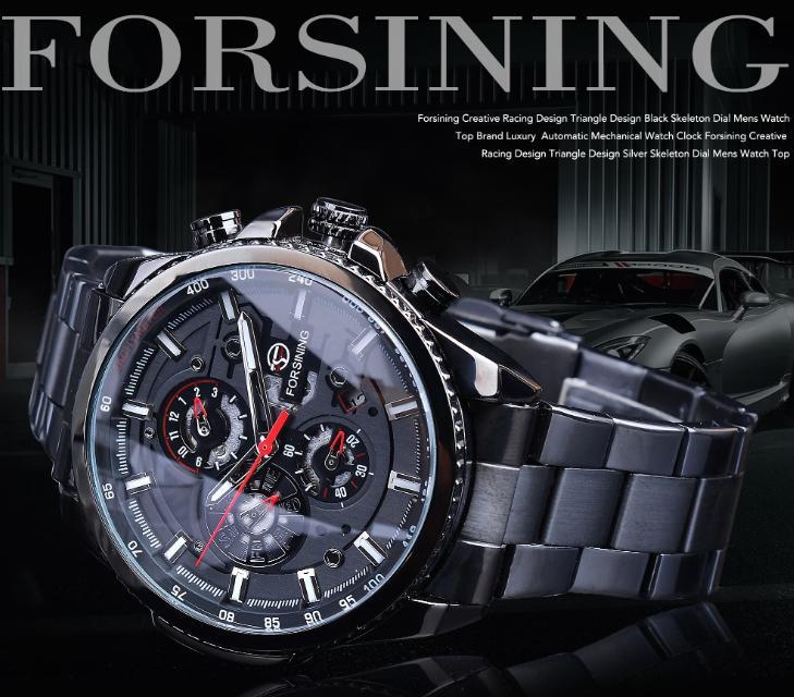 【送料無料】 大人の男を演出する Forsining メンズ腕時計 マルチファンクションスケルトン 自動巻・手巻 機械式時計 ギフトBOX付 1年保証付 2カラー