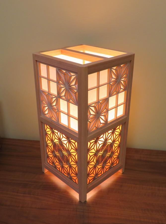 LAD-1852　レーザー行灯「趣」　　Lサイズ　八重桜と角麻組子 （和紙貼りと桜突板）