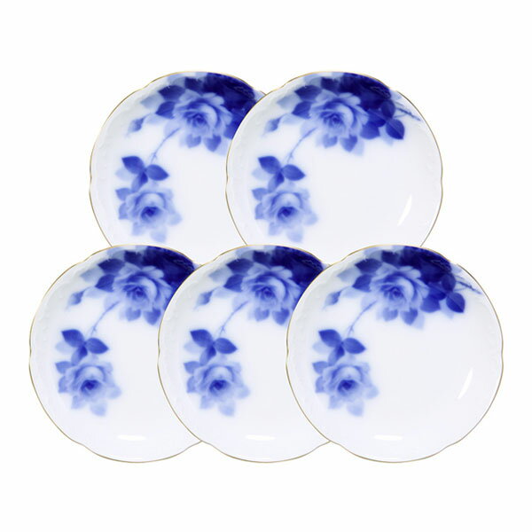 【大倉陶園】ブルーローズ（8011） 15cm銘々皿揃（5枚）　大切な方への贈り物に。【日本製 正規販売店】【ギフト 贈答品】【白磁 岡染め】