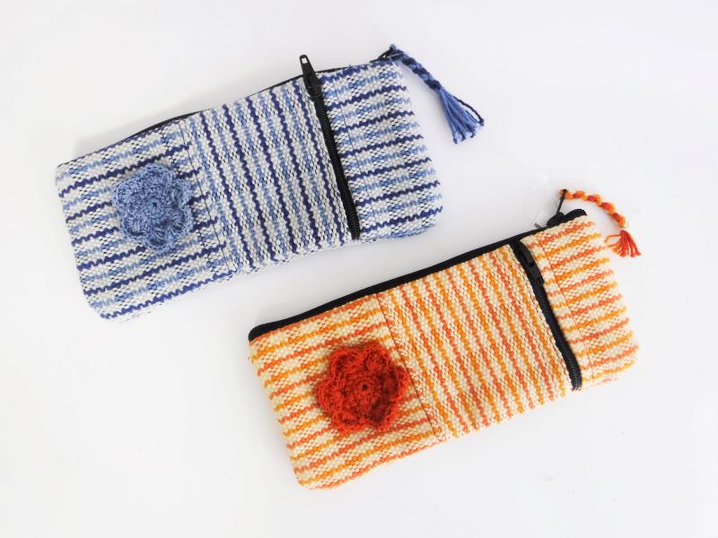 手織り ポケット付き ペンケース 【ブルー／イエロー】 WSDO ケース ポーチ 小物入れ フェアトレード f..