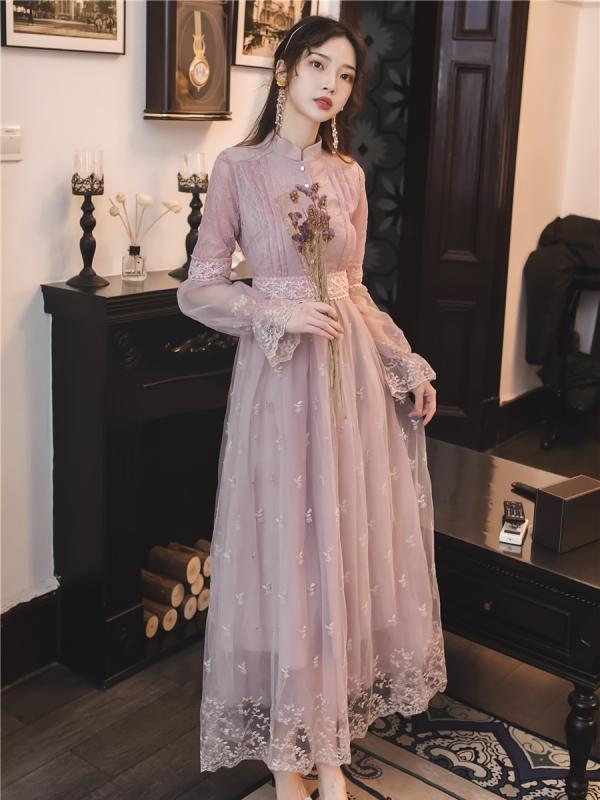 Rakuten - レディース ラベンダー ドレス フレンチ フェアリー パーティー 長袖 秋 フリル ライラック Aライン ハイウエスト 婦人服 女性用