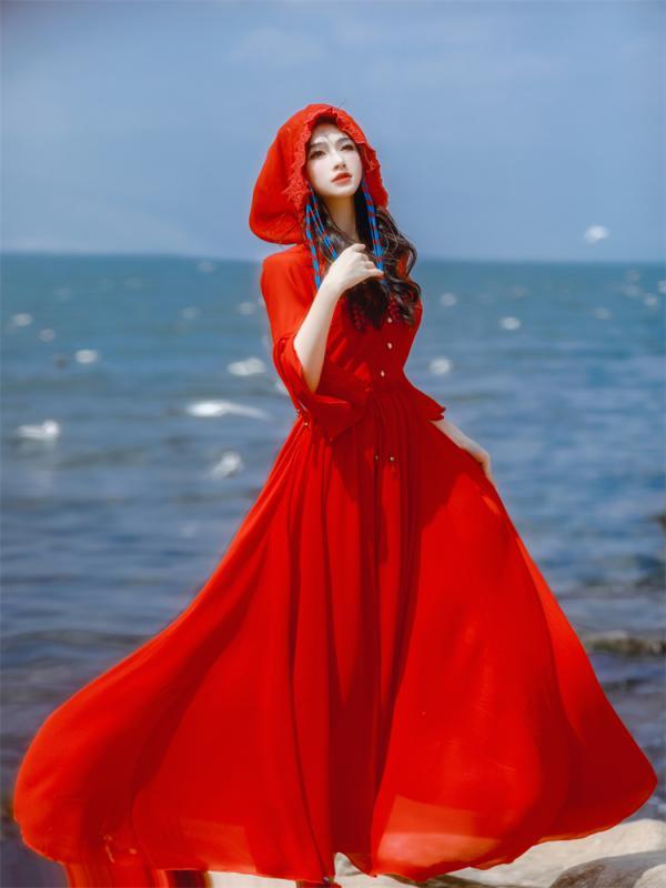 Rakuten - レディース フェアリー レッド フード付き ドレス スイング 女性用 夏 チベット 海 休暇 写真映え エレガントドレス ミモレ丈スカート エキゾチック