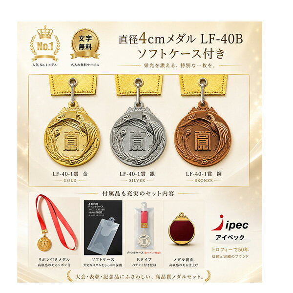 メダル LF-40Bメダル 直径40mm 重量約25g BセットPペットケース(赤ペナント仕様) 【文字代無料】優勝カップ 優勝トロフィー 優勝メダル 優勝カップ 文字彫刻代金無料 音楽 バスケットボール サッカー バドミントン バレーボール ゴルフ 剣道 柔道 卒団 卒業