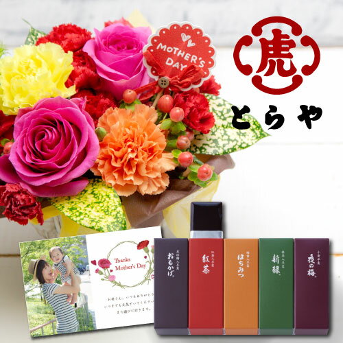 母の日 プレゼント ギフト とらや 5つの味わい 小形 羊羹 5本入 ＆ カラフル 豪華 バラと 大輪 カーネーション アレンジ人気 お菓子 スイーツ ランキング 早割 おかあさん 2020 おしゃれ 妻 祖母 姑 50代 60歳 60代 70歳 70代 gift mother's day (HHM)