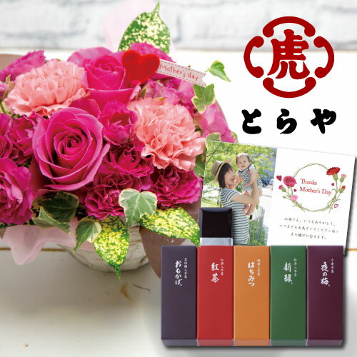 母の日 プレゼント ギフト とらや 5つの味わい 小形 羊羹 5本入 ＆ ピンク 豪華 バラと 大輪 カーネーション アレンジ人気 お菓子 スイーツ ランキング 早割 おかあさん 2020 おしゃれ 妻 祖母 姑 50代 60歳 60代 70歳 70代 gift present mother's day (HHM)