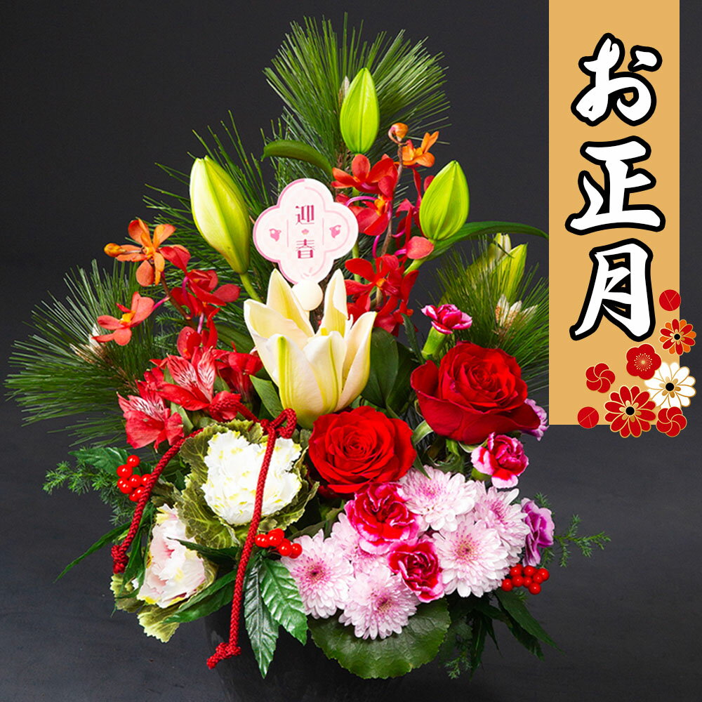お正月 アレンジメント 2026 花 迎春 アレンジ 華 生花 お正月飾り 玄関 切り花 フラワーアレンジメント 【12月26～30日お届け】 玄関正月飾り モダン おしゃれ 和風 華やか 豪華 洋花 置物 8000円 新年 お祝い 挨拶 贈り物 実家 自宅 店舗 花ギフト プレゼント (HM)