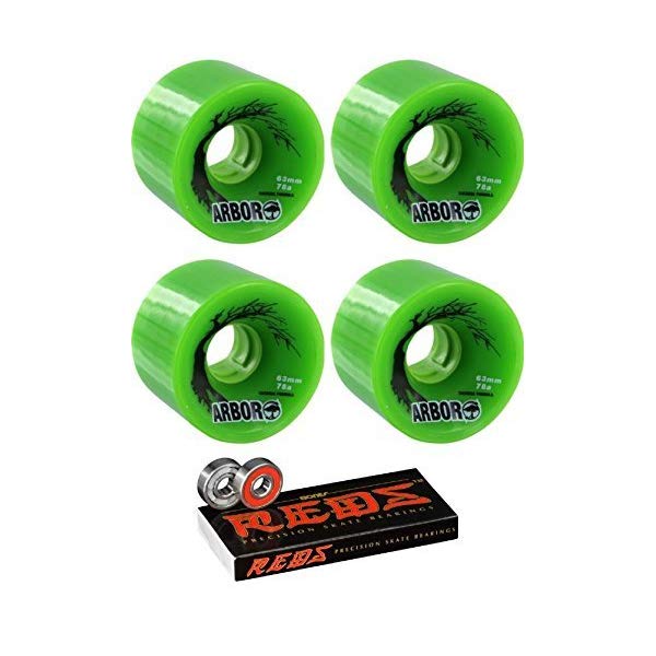 Arbor アーバー スケートボード スケボー ウィール 63mm グリーン 緑 ボーンズ ベアリング Arbor Skateboards 63mm Biothane Green Skateboard Wheels 78A with Bones Bearings 8mm Bones Reds Precision Skate Rated Skateboard Bearings (8) Pack Bundle of 2 Items