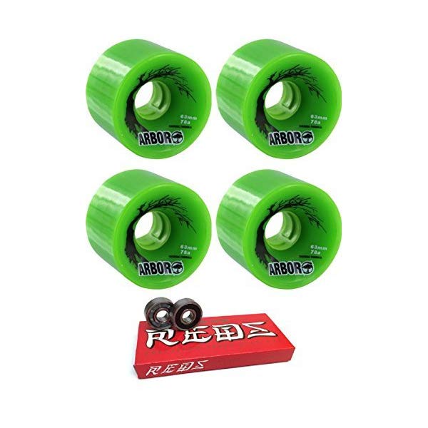 Arbor アーバー スケートボード スケボー ウィール 63mm グリーン 緑 ボーンズ ベアリング Arbor Skateboards 63mm Biothane Green Skateboard Wheels 78A with Bones Bearings 8mm Bones Super Reds Skate Rated Skateboard Bearings (8) Pack Bundle of 2 Items