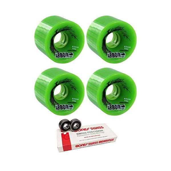 安心の定価販売 Arbor アーバー スケートボード スケボー ウィール 63mm グリーン 緑 ボーンズ ベアリング セット Arbor Skateboards 63mm Biothane Green Skateboard Wheels 78a With Bones Bearings 8mm Bones Swiss Skateboard Bearings 8 Pack Bun App