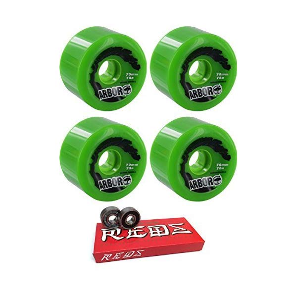 Arbor アーバー スケートボード ウィール 70mm グリーン 緑 ボーンズ ベアリング Arbor Skateboards 70mm Biothane Green Longboard Skateboard Wheels 78A with Bones Bearings 8mm Bones Super Reds Skate Rated Skateboard Bearings (8) Pack Bundle of 2 Items