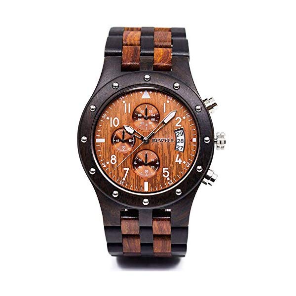ビーウェル BEWELL ウッドウォッチ 木製腕時計 メンズ 男性用 ZS-W109D-BKRD Bewell W109D Sub-dials Wooden Watch Quartz Analog Movement Date Wristwatch for Men