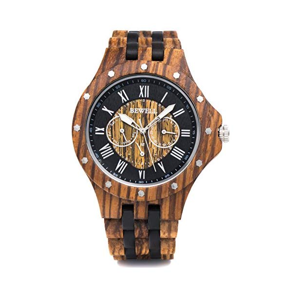 ビーウェル BEWELL ウッドウォッチ 木製腕時計 メンズ 男性用 BEWELL Wood Watches Mens Date & Date Display Luminous Hands Vintage Lightweight Wooden Wrist Watch