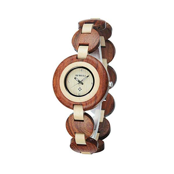 ビーウェル BEWELL ウッドウォッチ 木製腕時計 レディース 女性用 W010A-RDMP Bewell Ladies Wooden Bracelet Dress Watch, Elegant Two Tone Luminous Analog Quartz Round Watches for Women