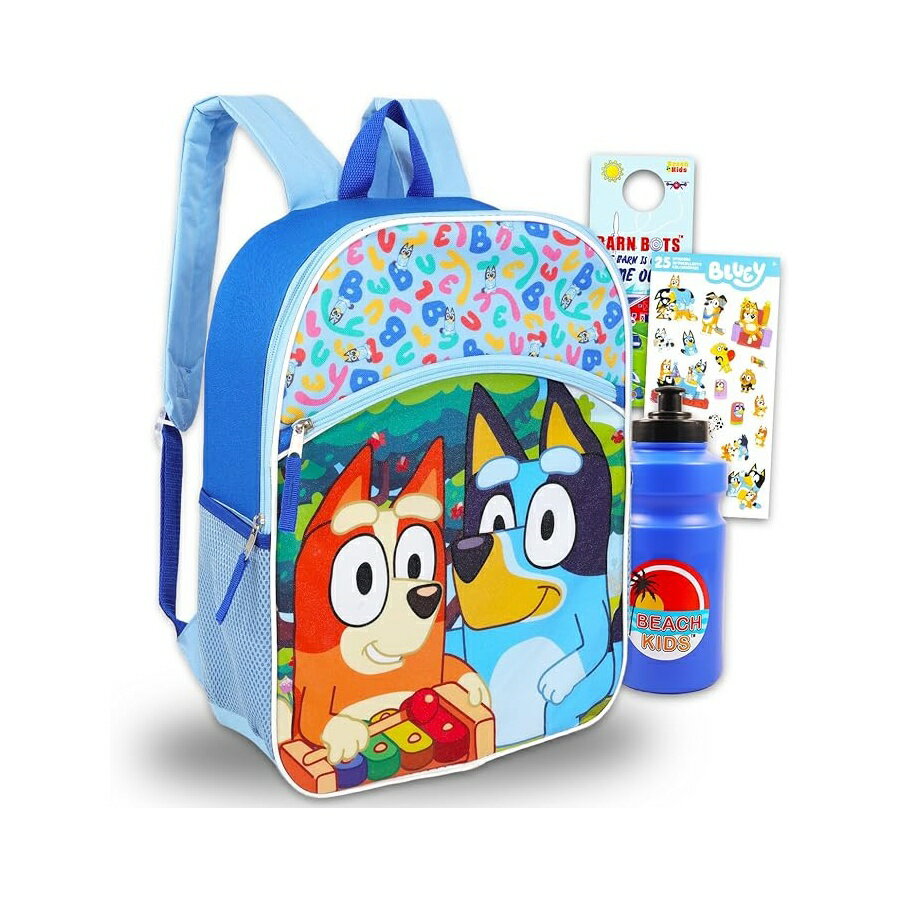 ブルーイー ビンゴ グッズ バックパック リュック バッグ プレゼント ギフト キッズ 子供用 16インチ とウォーターボトル ステッカーなどのバンドル スクール 女の子用 Bluey Backpack for Kids Bundle with 16" Plus Water Bottle, Stickers, More Bluey and Bingo