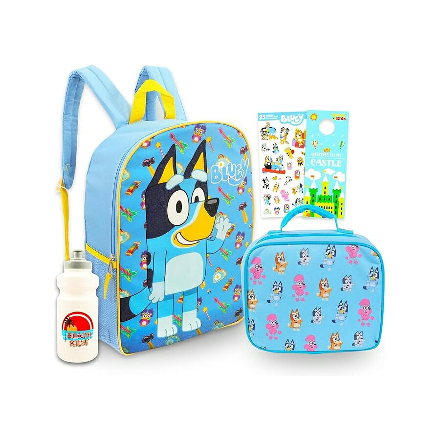 ブルーイー ビンゴ グッズ バックパック リュック バッグ プレゼント ギフト キッズ ランチボックスセット 15インチ ランチボックス ボトル ステッカー Bluey Bingo Backpack and Lunch Box Set Bundle with 15" Bag, Lunch Box, Bottle, Stickers, More