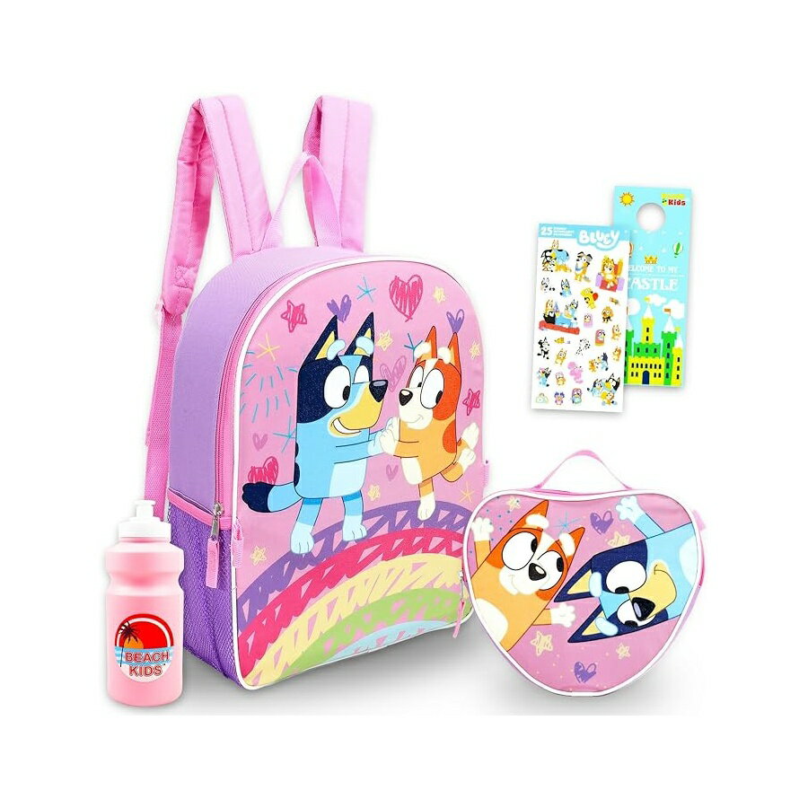 ブルーイー ビンゴ グッズ バックパック リュック バッグ プレゼント ギフト キッズ ランチボックス付き 女の子用 ピンク 15インチ スクール ランチバッグ 学用品 子供用 Bluey and Bingo Backpack with Lunch Box for Girls Bundle with Pink 15" School